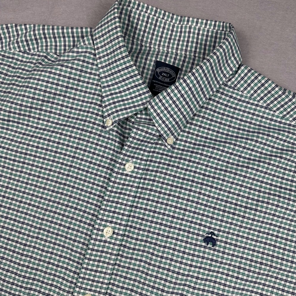 Brooks Brothers Mens 2XLT Green Navy Tattersall Non-Iron Stretch Button Down